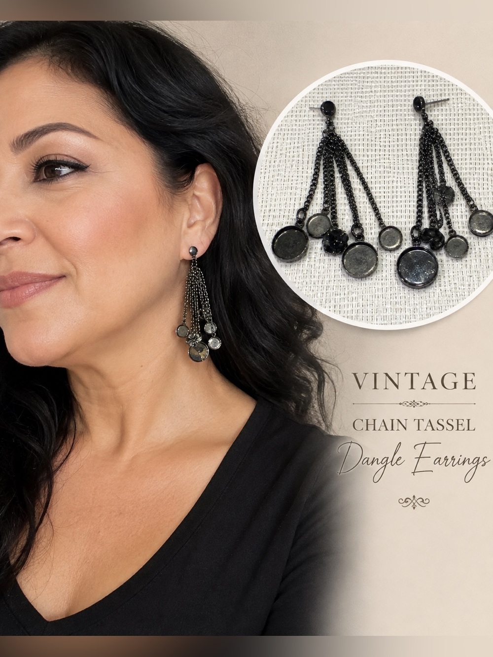 Vintage Gunmetal Black Chain Tassel Dangle Earrings Disc & Floral Charm